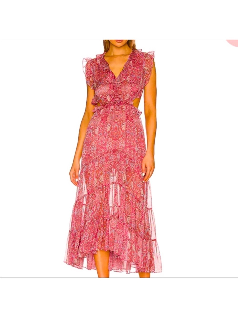 NEW Misa Los Angeles Natasha Side Cutouts Pink Paisley Ruffle Midi Dress Size S - Picture 3 of 10